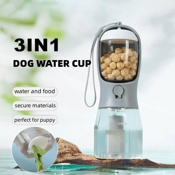 “All-in-One Portable Pet Cup — Water, Food, and Waste Bag Solution”