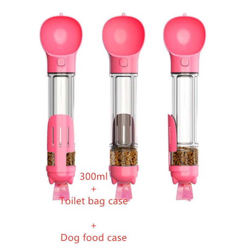 “Portable Pet Travel Water Bottle – Built-In Feeder Bowl & Poop Bag Storage”