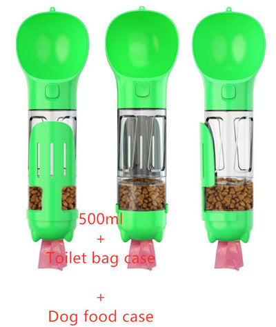 “Portable Pet Travel Water Bottle – Built-In Feeder Bowl & Poop Bag Storage”