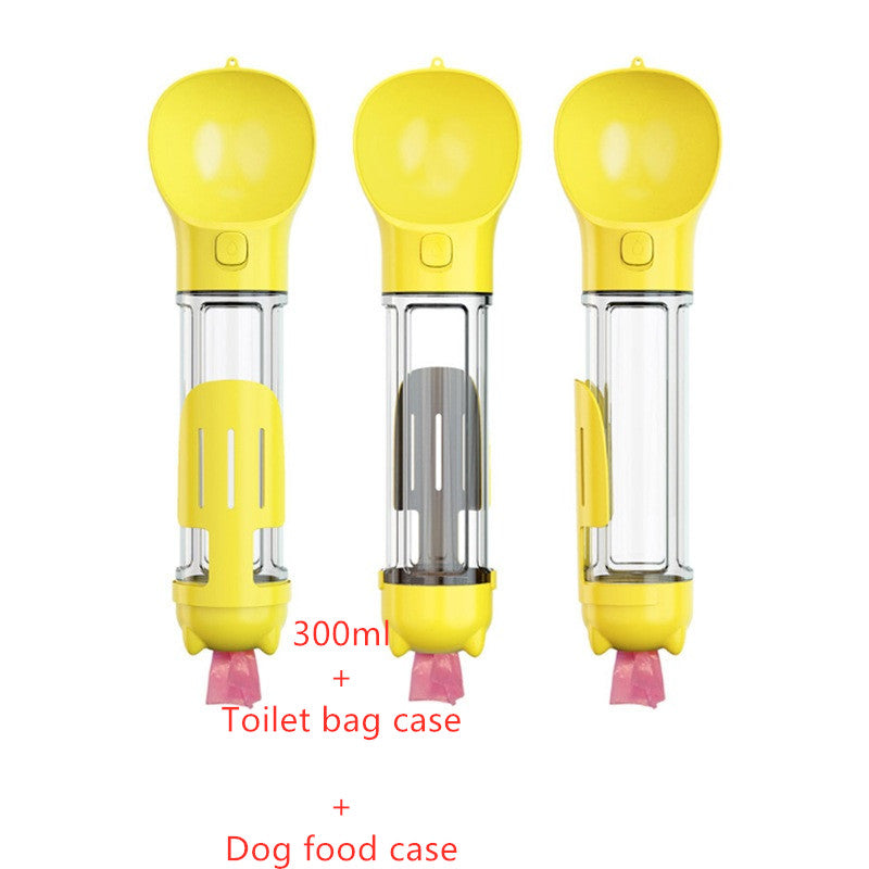 “Portable Pet Travel Water Bottle – Built-In Feeder Bowl & Poop Bag Storage”