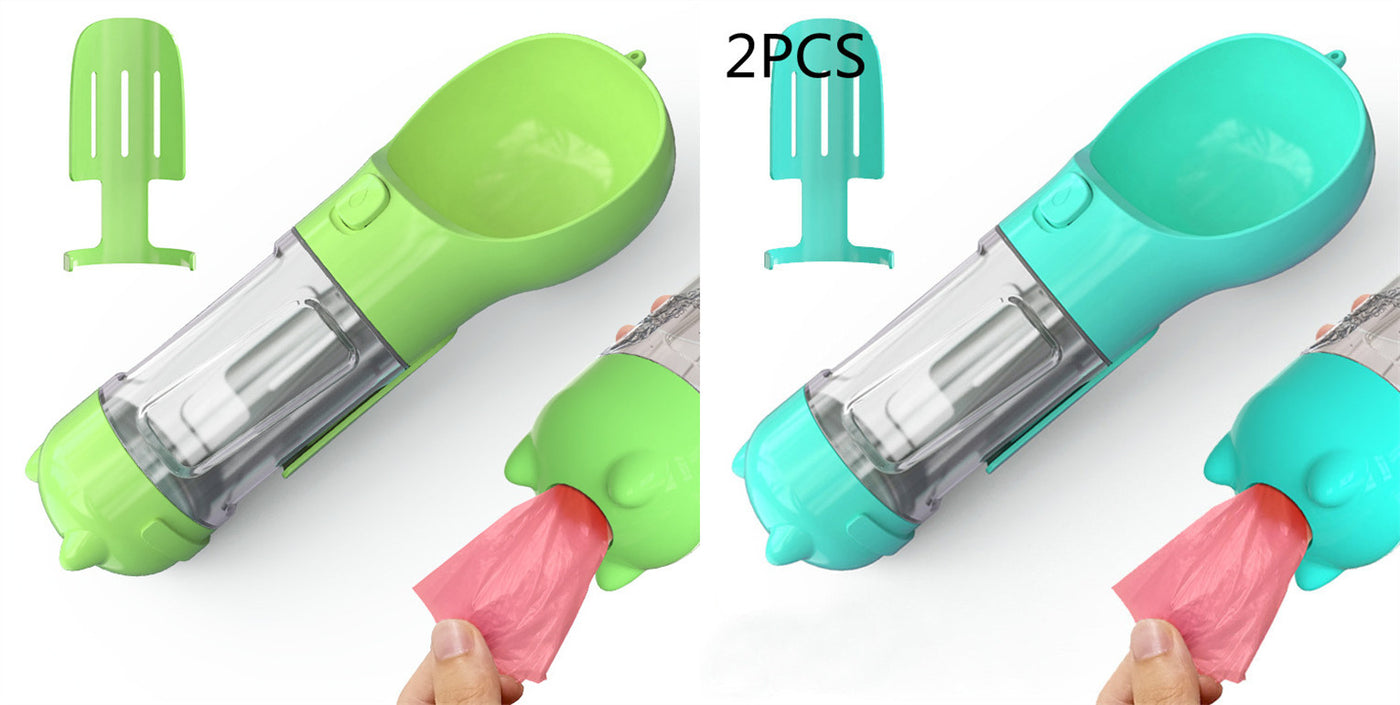 “Portable Pet Travel Water Bottle – Built-In Feeder Bowl & Poop Bag Storage”