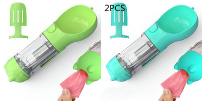 “Portable Pet Travel Water Bottle – Built-In Feeder Bowl & Poop Bag Storage”