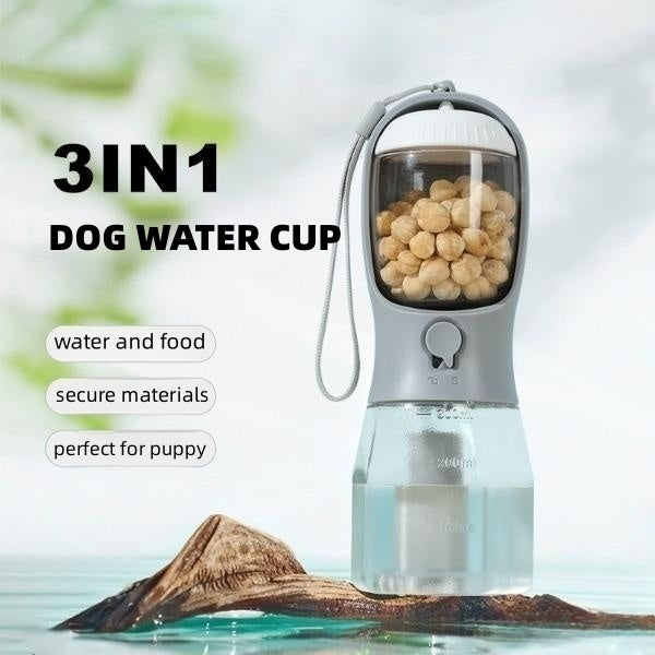 “All-in-One Portable Pet Cup — Water, Food, and Waste Bag Solution”