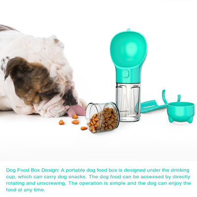 “Portable Pet Travel Water Bottle – Built-In Feeder Bowl & Poop Bag Storage”
